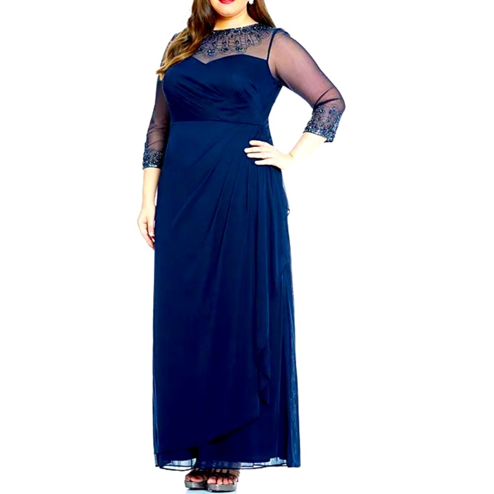 Alex Evening Navy Blue floor length Formal Gown with beading and sheer bodice